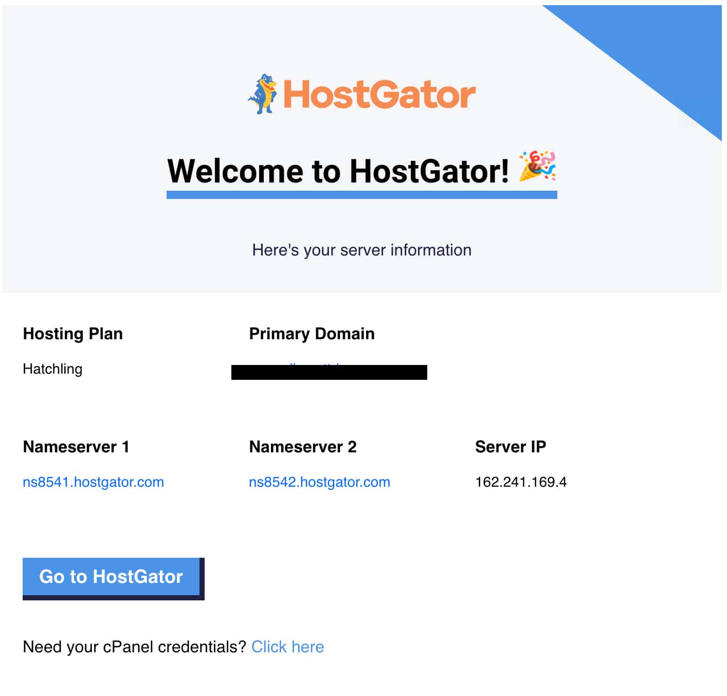 A screenshot of a completed purchase from Hostgator