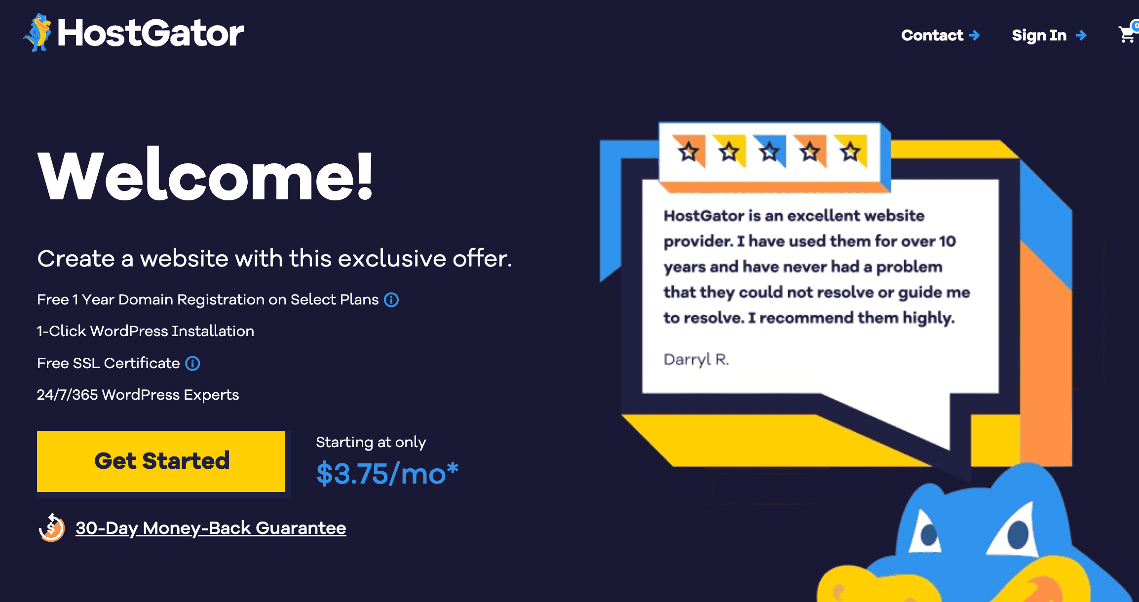 HostGator screenshot of the homepage